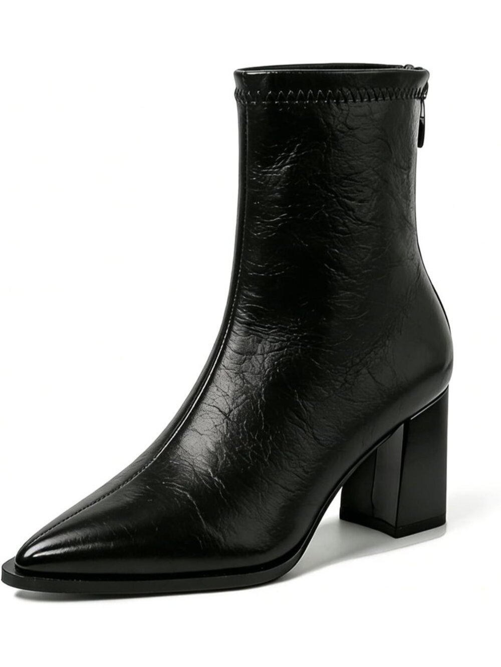 Women's Black Leather Pointed Toe Chunky Heel Dress Sock  Back Zipper Ankle Boot